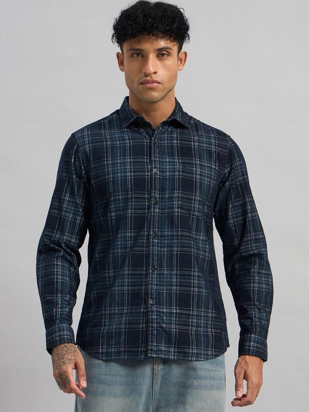 Banana Republic Men's Navy Plaid Untucked Slim Fit Shirt